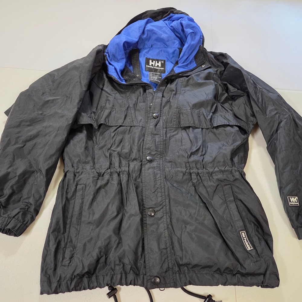Helly Hansen Packable Windbreaker Rain Jacket Black Blue Mens Small Hooded HH